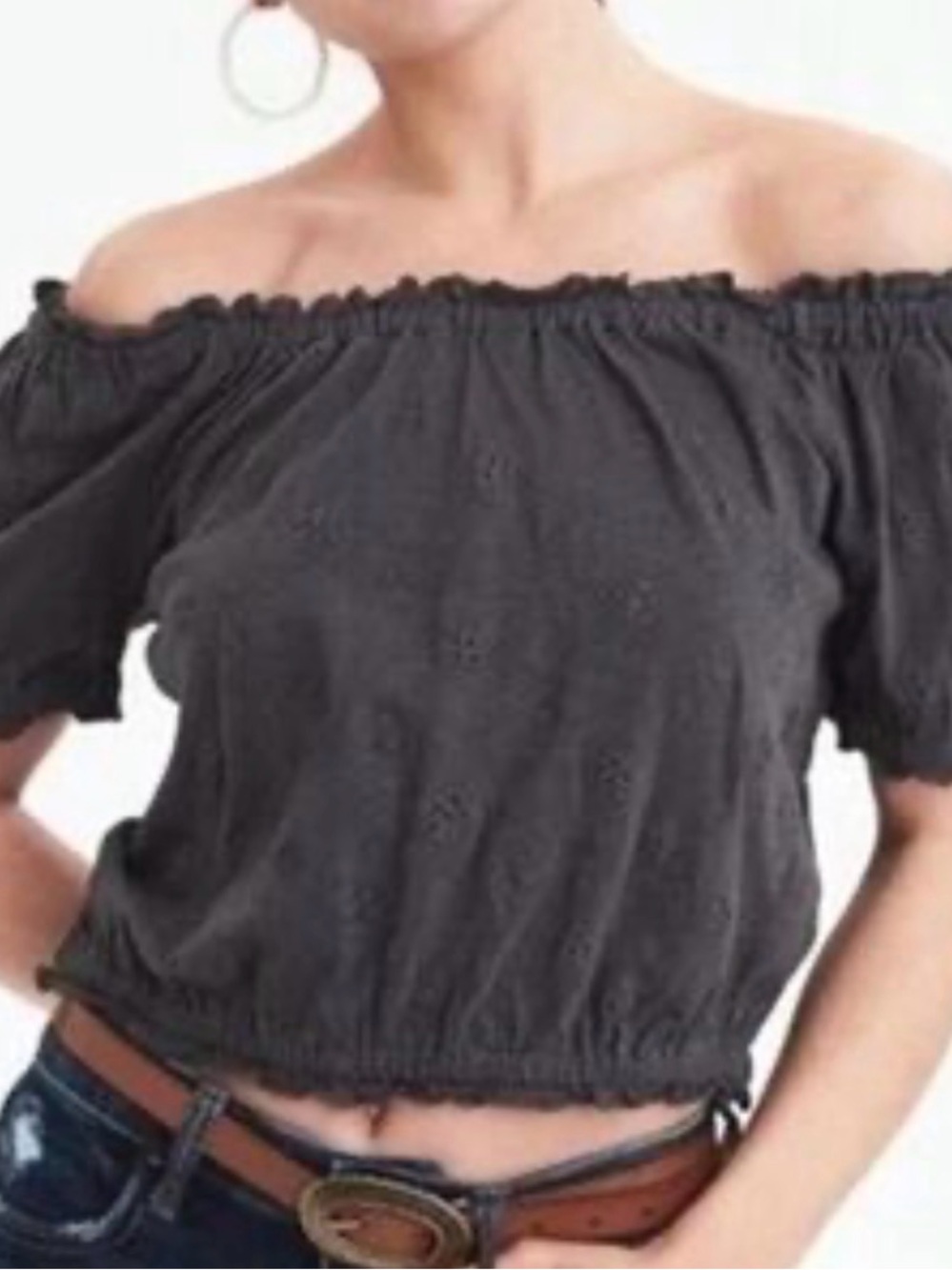 American Eagle Outfitters Blouse Womens Small Gray Eyelet Off Shoulder Cropped